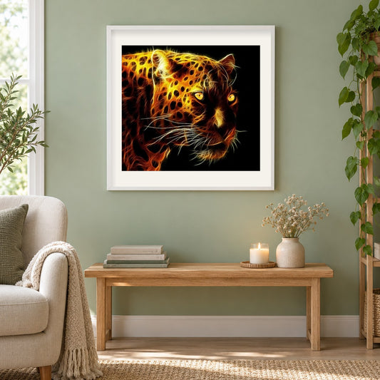 Flammender afrikanischer Leopard als gerahmtes Diamond Painting im Wohnzimmer