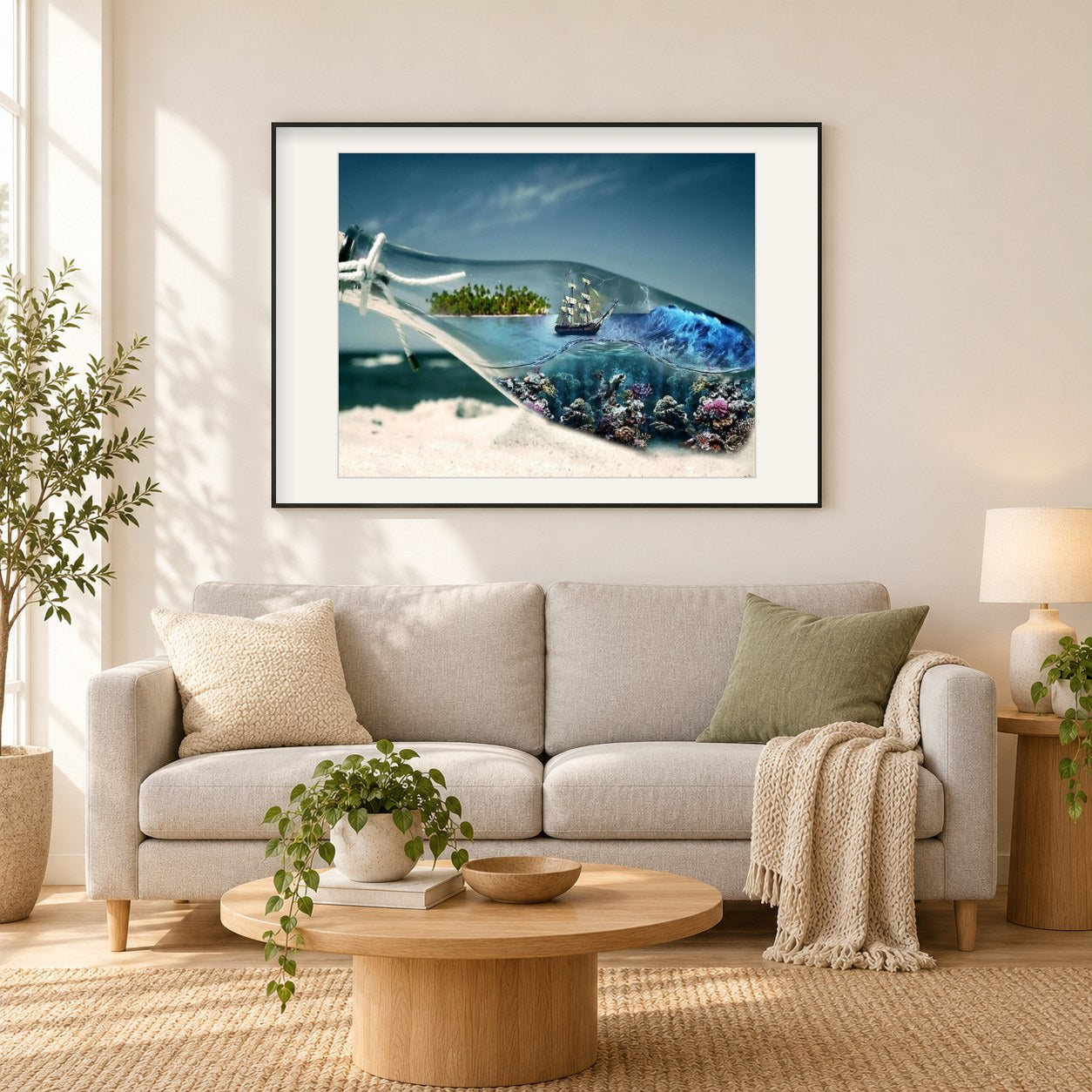Flasche Landschaftsmalerei Kit als gerahmtes Diamond Painting im Wohnzimmer