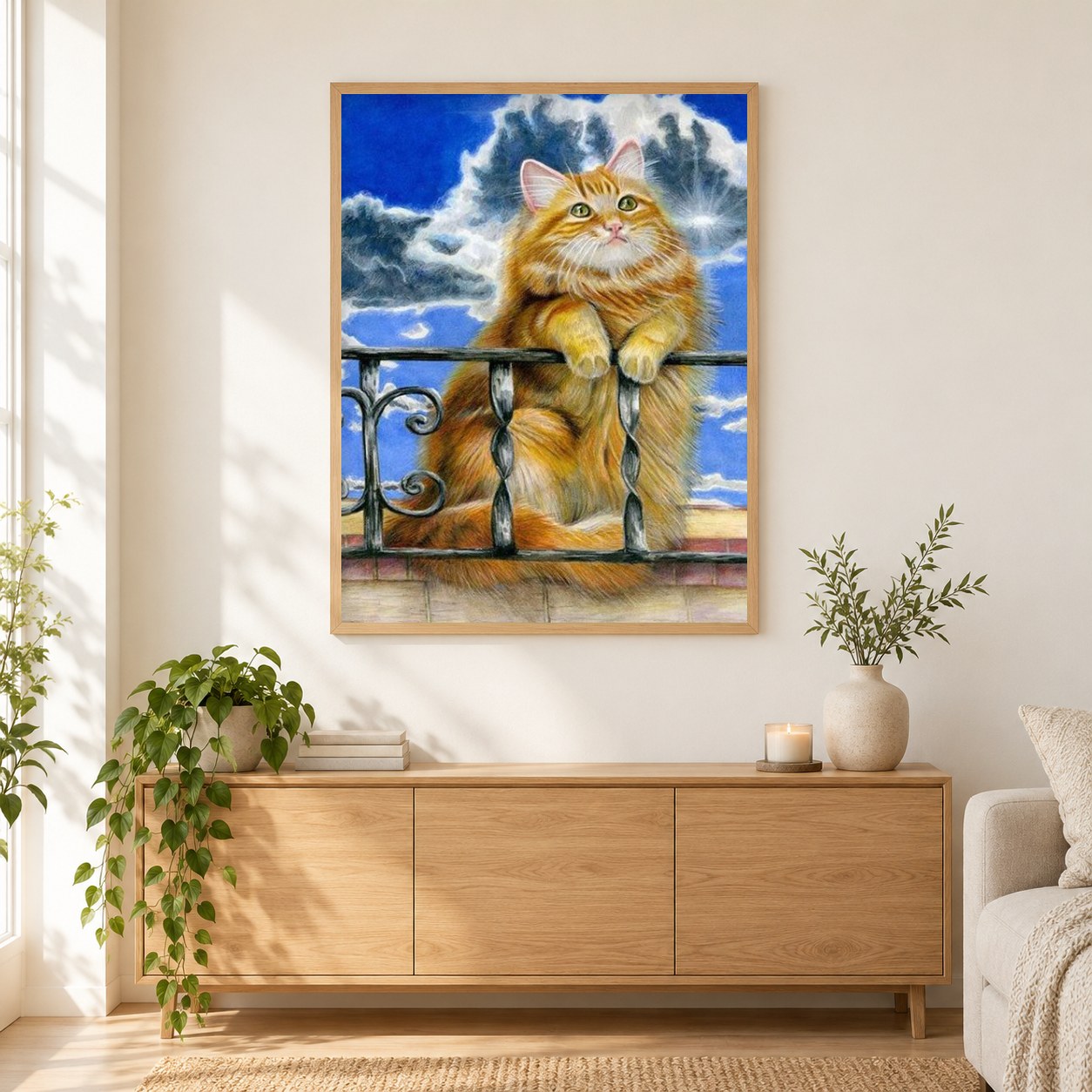 Flauschige braune Katze als gerahmtes Diamond Painting im Wohnzimmer