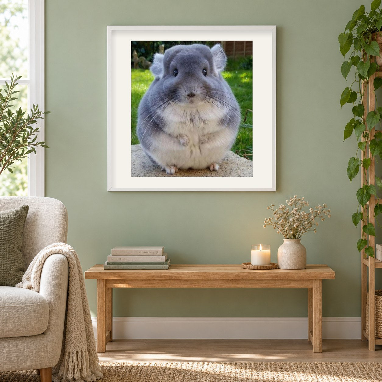 Flauschige Chinchilla als gerahmtes Diamond Painting im Wohnzimmer
