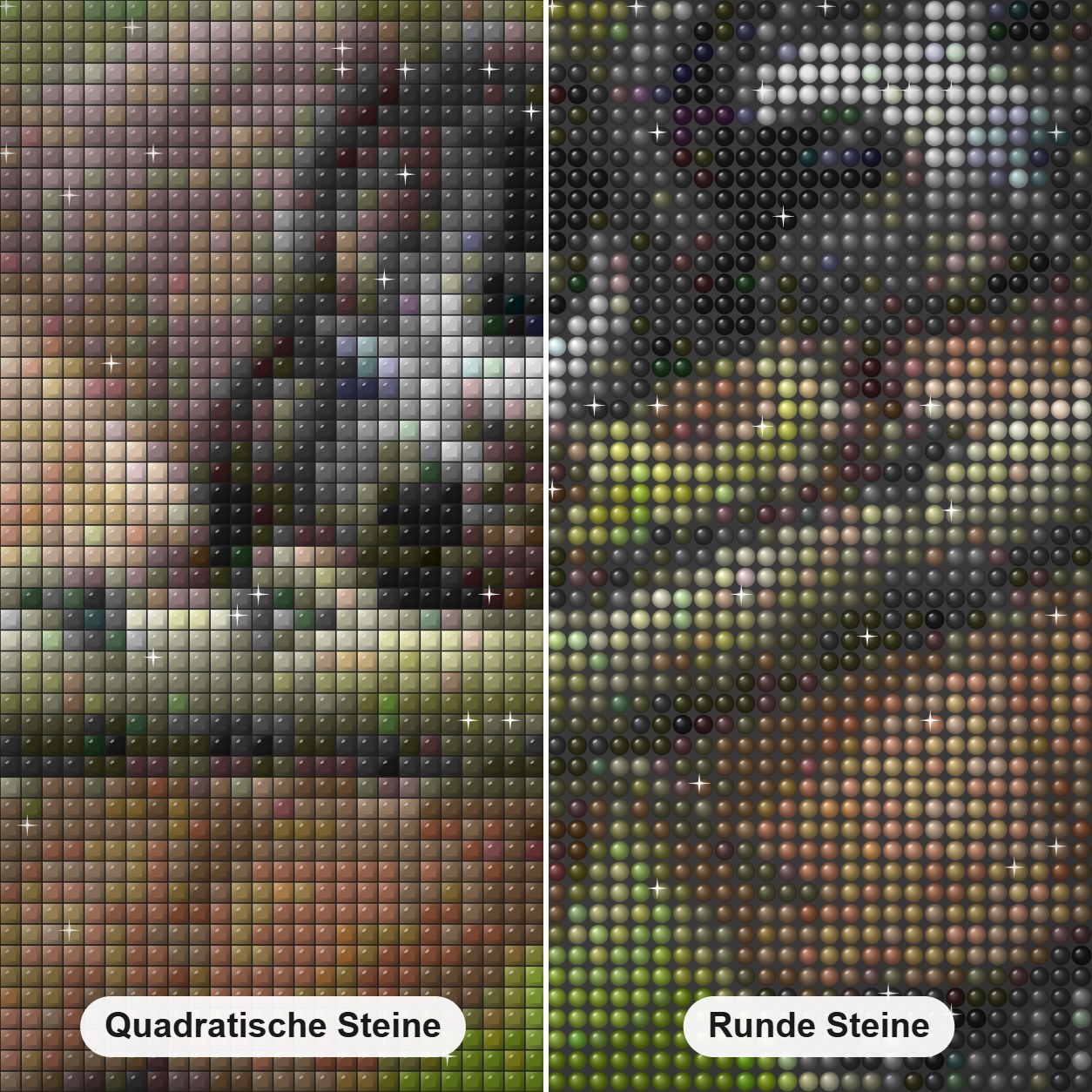 Flauschige Eulen & Raup Diamond Painting Nahaufnahme mit quadratischen und runden Steinen
