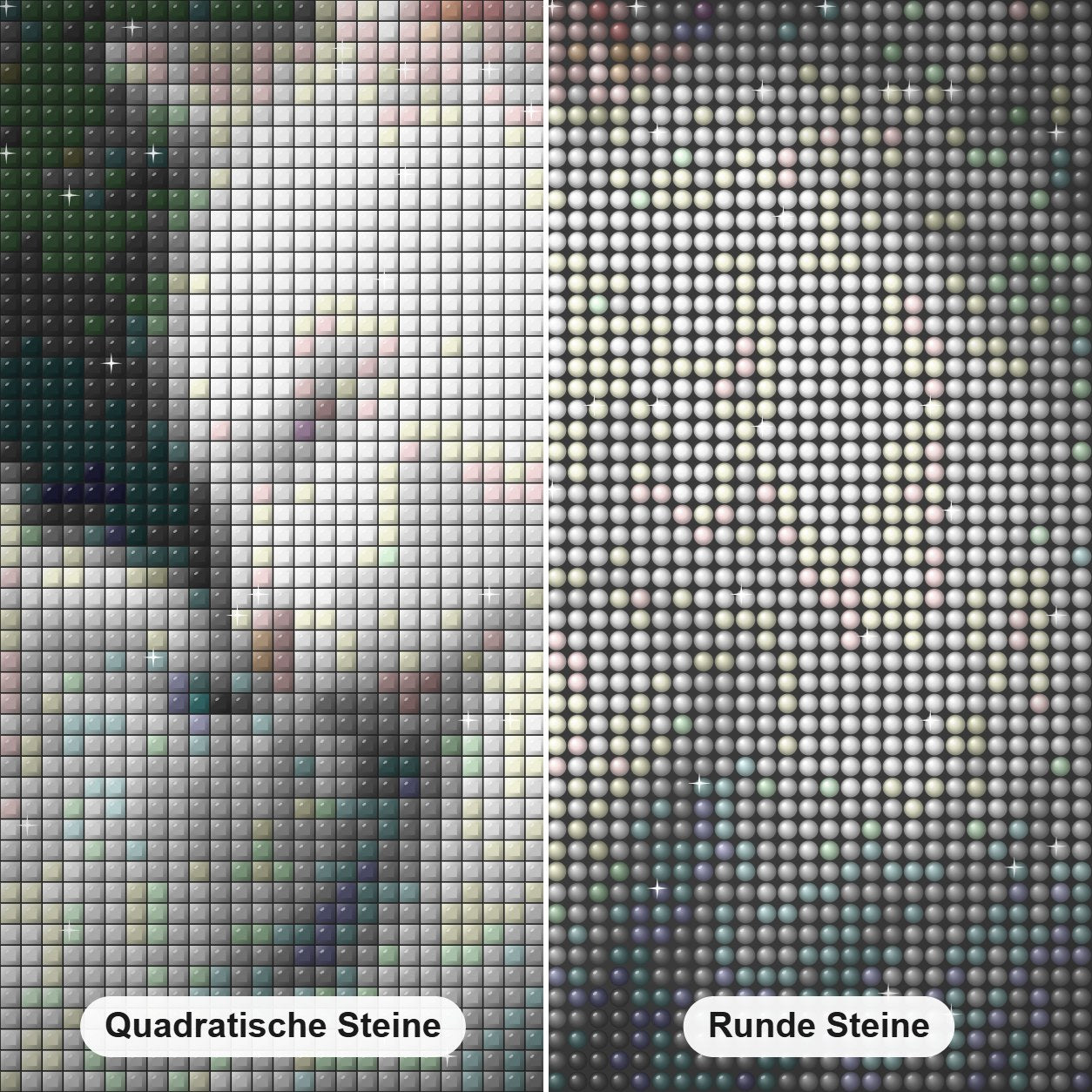 Flauschige weiße Katzen Diamond Painting Nahaufnahme mit quadratischen und runden Steinen