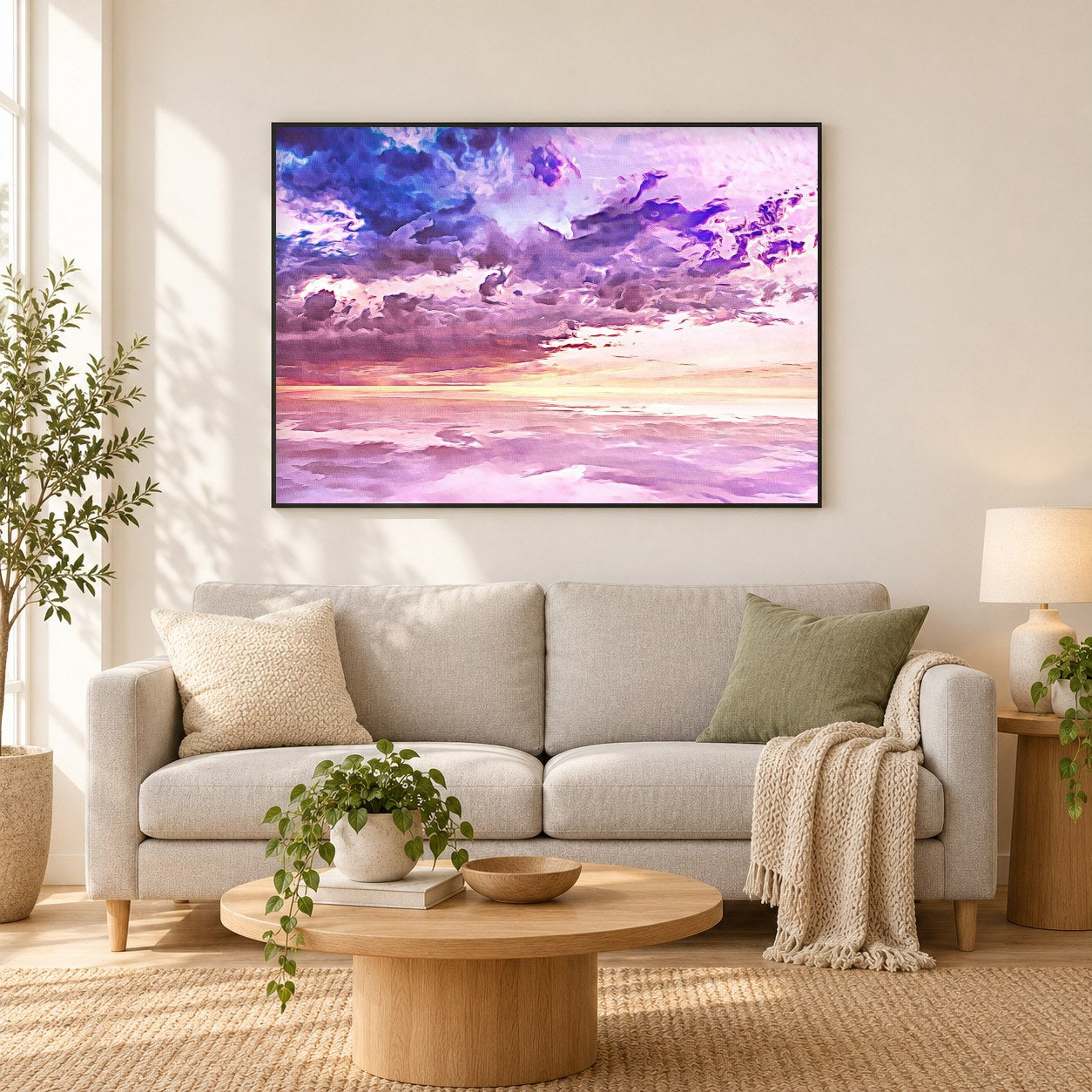 Schweben in einem Wolkenmeer- Kunst des Denise Dundon als gerahmtes Diamond Painting im Wohnzimmer