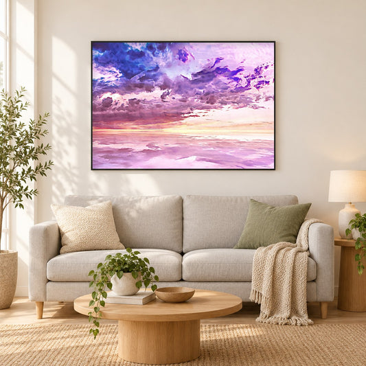 Schweben in einem Wolkenmeer- Kunst des Denise Dundon als gerahmtes Diamond Painting im Wohnzimmer