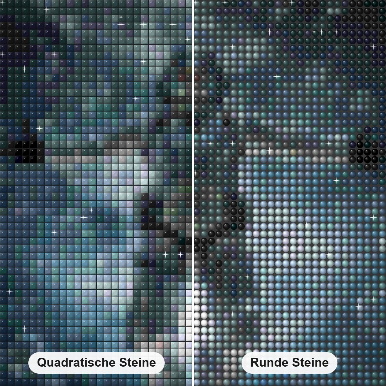 Mit Blasen schweben – Diamant-Malset Diamond Painting Nahaufnahme mit quadratischen und runden Steinen