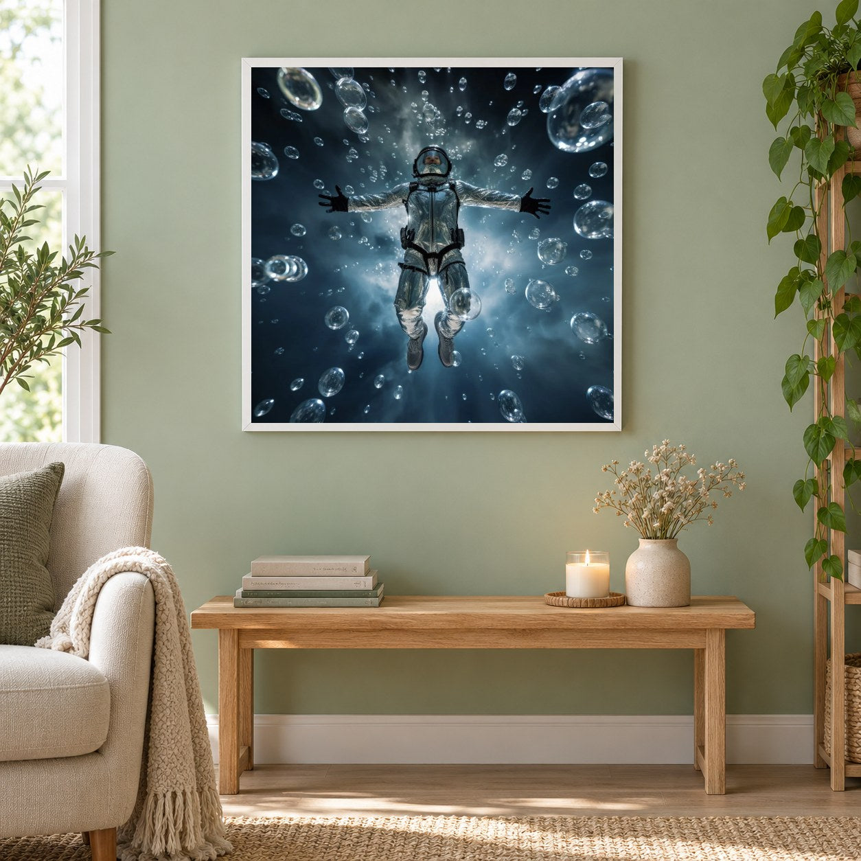 Mit Blasen schweben – Diamant-Malset als gerahmtes Diamond Painting im Wohnzimmer
