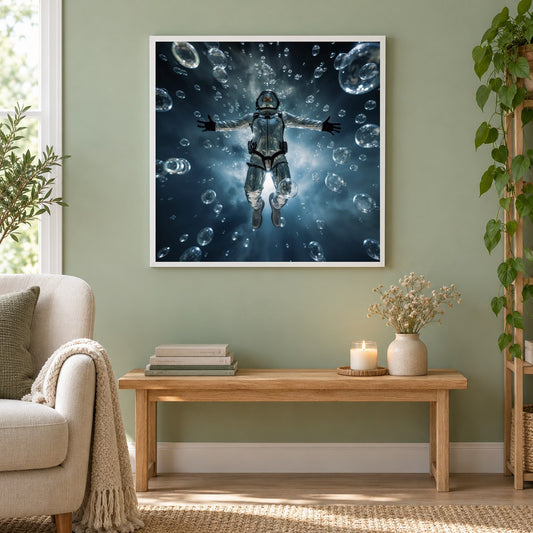 Mit Blasen schweben – Diamant-Malset als gerahmtes Diamond Painting im Wohnzimmer