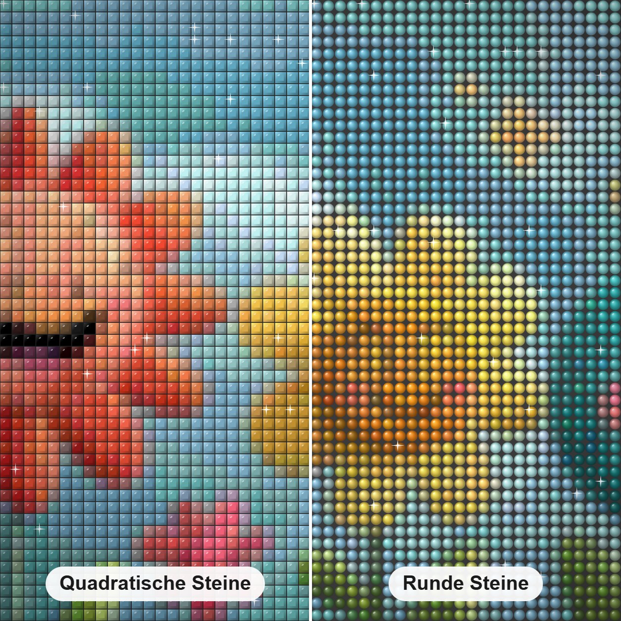 Blumen voller Freude Diamond Painting Nahaufnahme mit quadratischen und runden Steinen