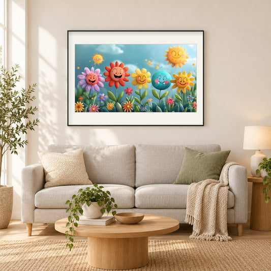 Blumen voller Freude als gerahmtes Diamond Painting im Wohnzimmer