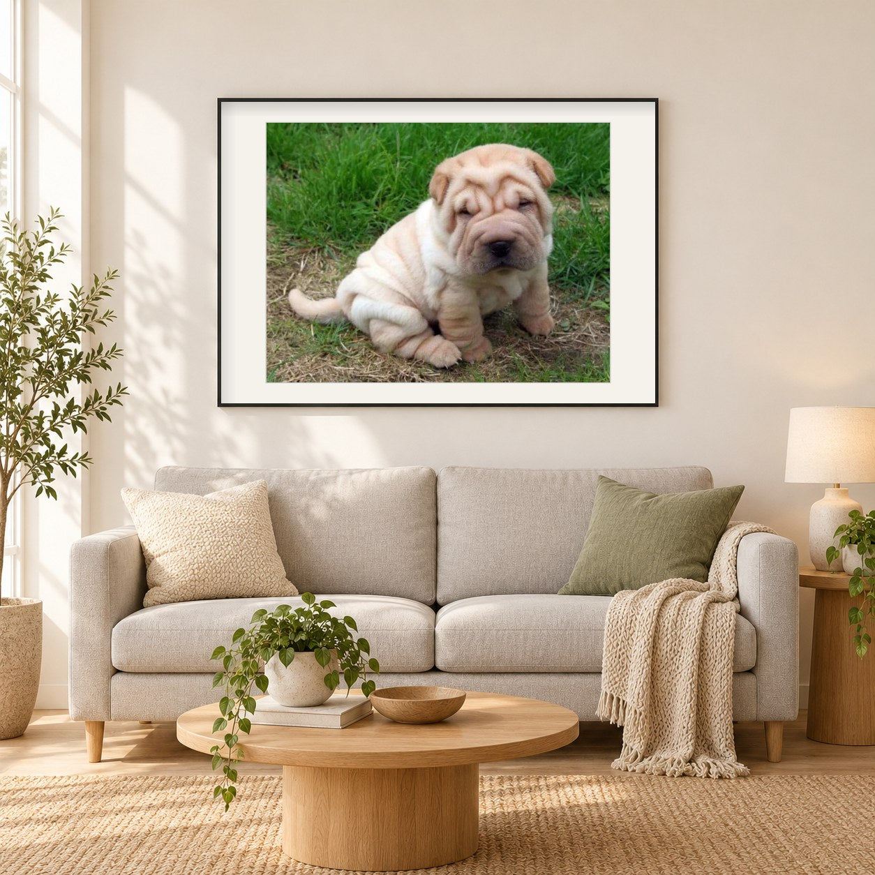 Fluffy Dog Ori-Pei Rasse als gerahmtes Diamond Painting im Wohnzimmer