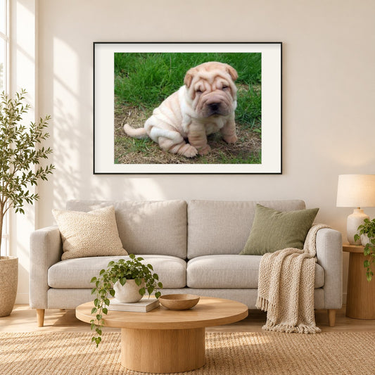 Fluffy Dog Ori-Pei Rasse als gerahmtes Diamond Painting im Wohnzimmer