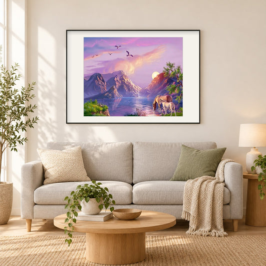Fluss und Berge Landschaft als gerahmtes Diamond Painting im Wohnzimmer