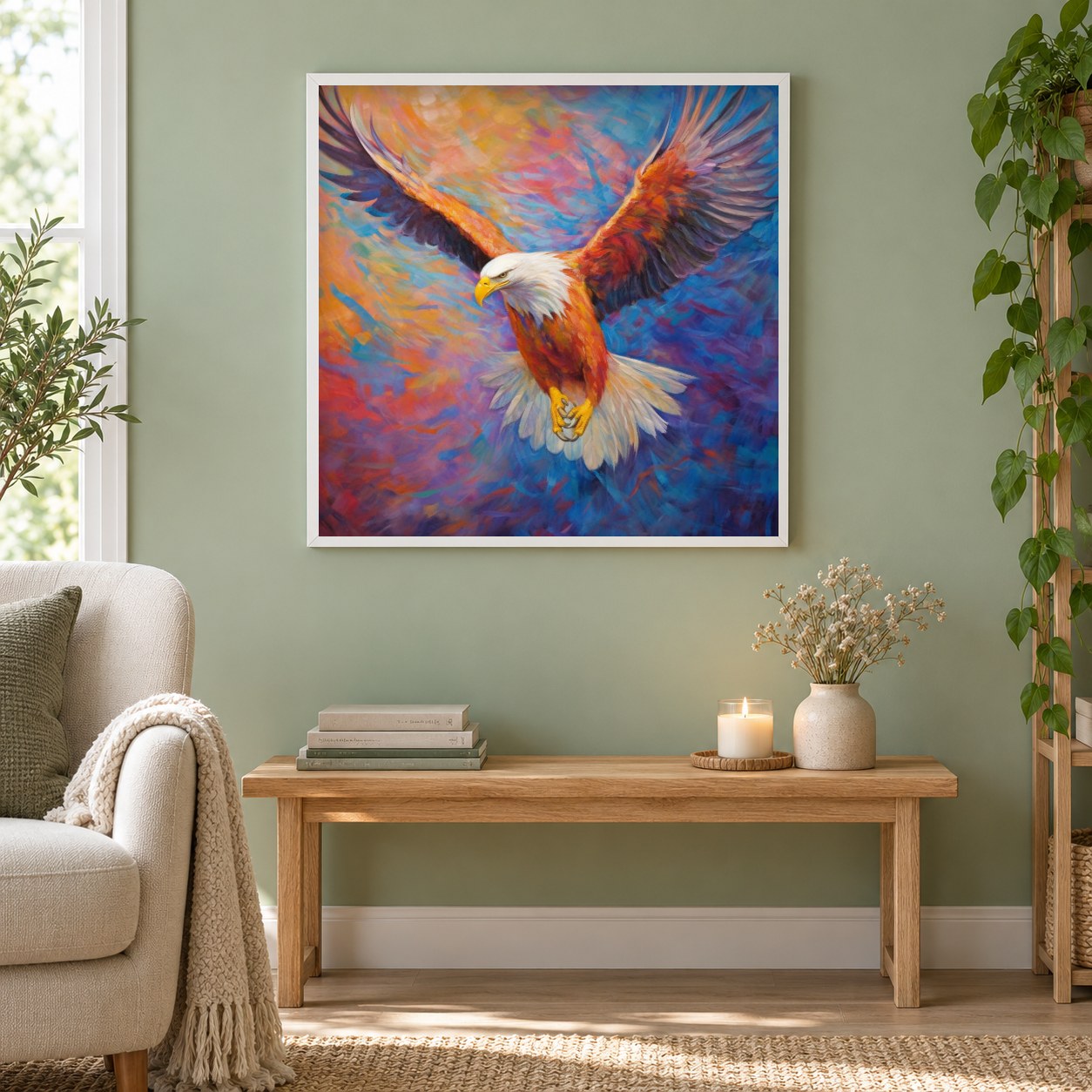 Höher und höher fliegen als gerahmtes Diamond Painting im Wohnzimmer