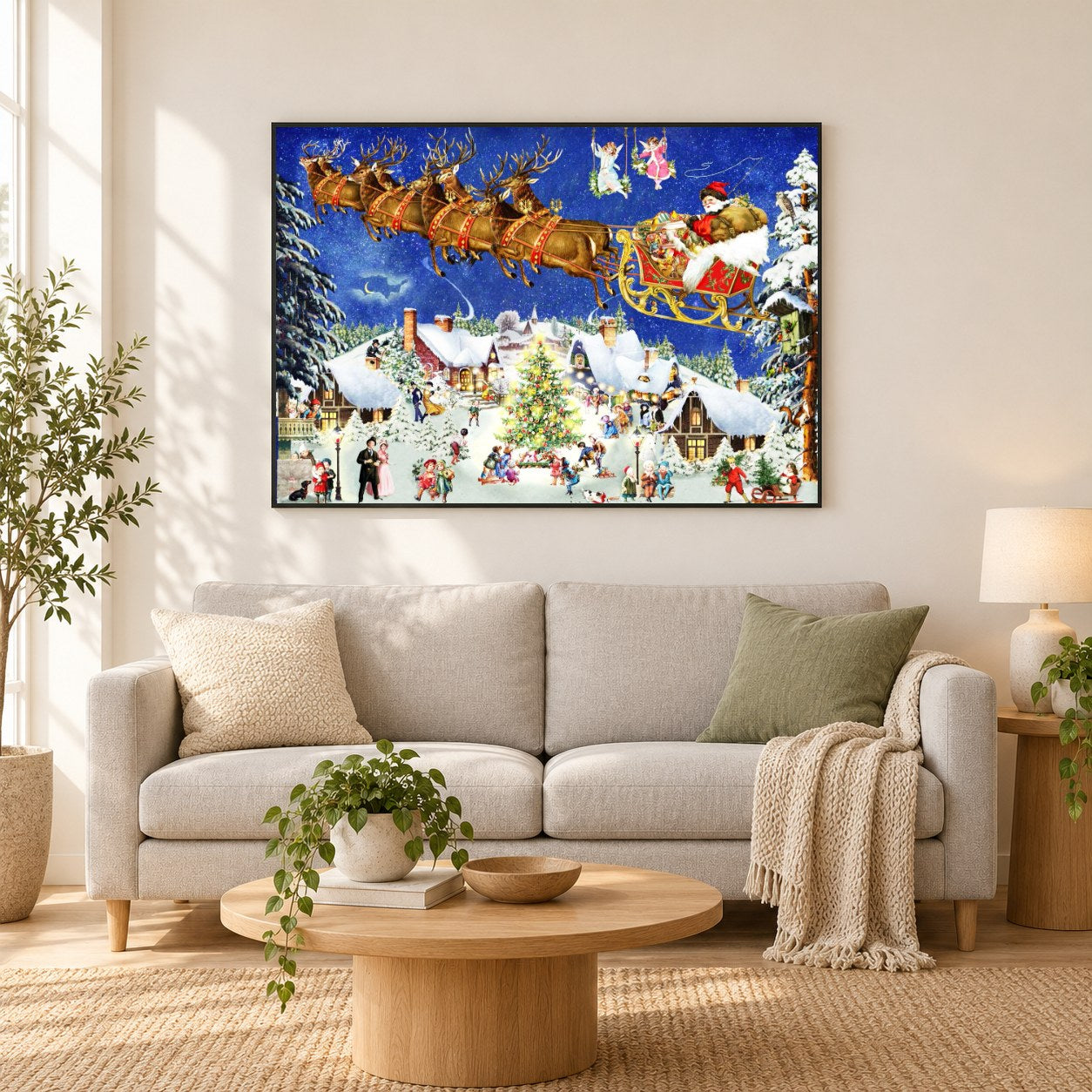 Fliegender Weihnachtsmann - Kunst des Barbara Behr als gerahmtes Diamond Painting im Wohnzimmer