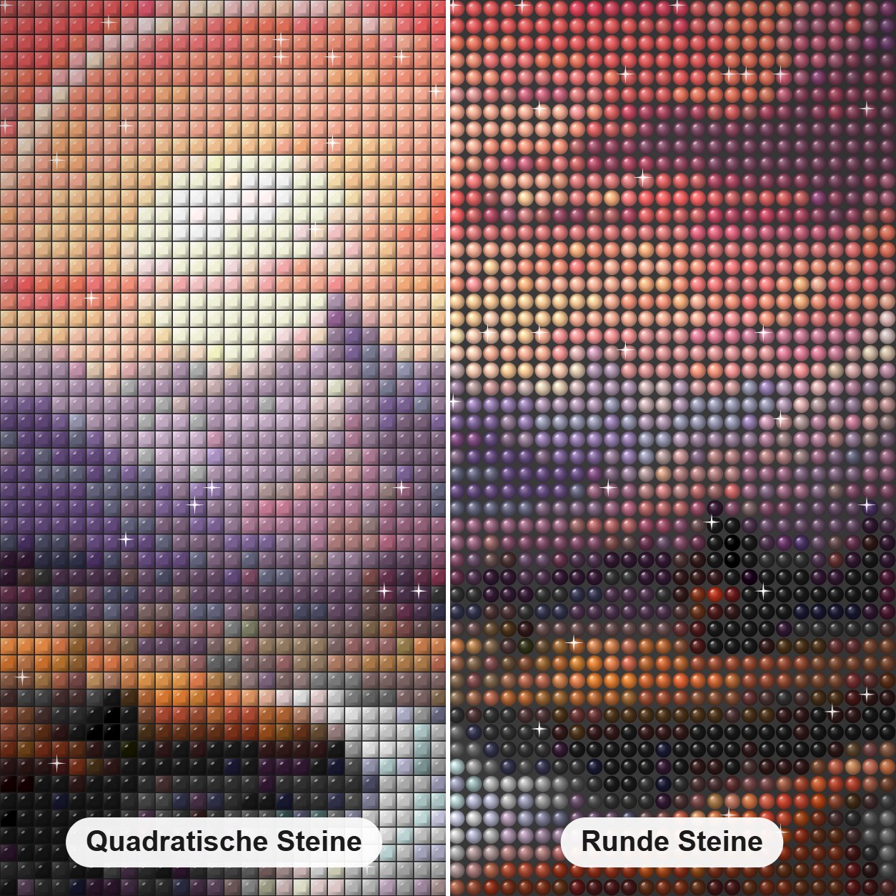 Forest River bei Sonnenuntergang - Diamantkunst Diamond Painting Nahaufnahme mit quadratischen und runden Steinen