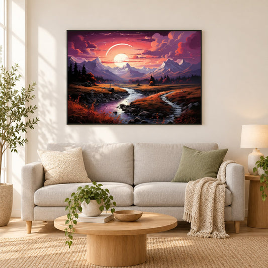 Forest River bei Sonnenuntergang - Diamantkunst als gerahmtes Diamond Painting im Wohnzimmer