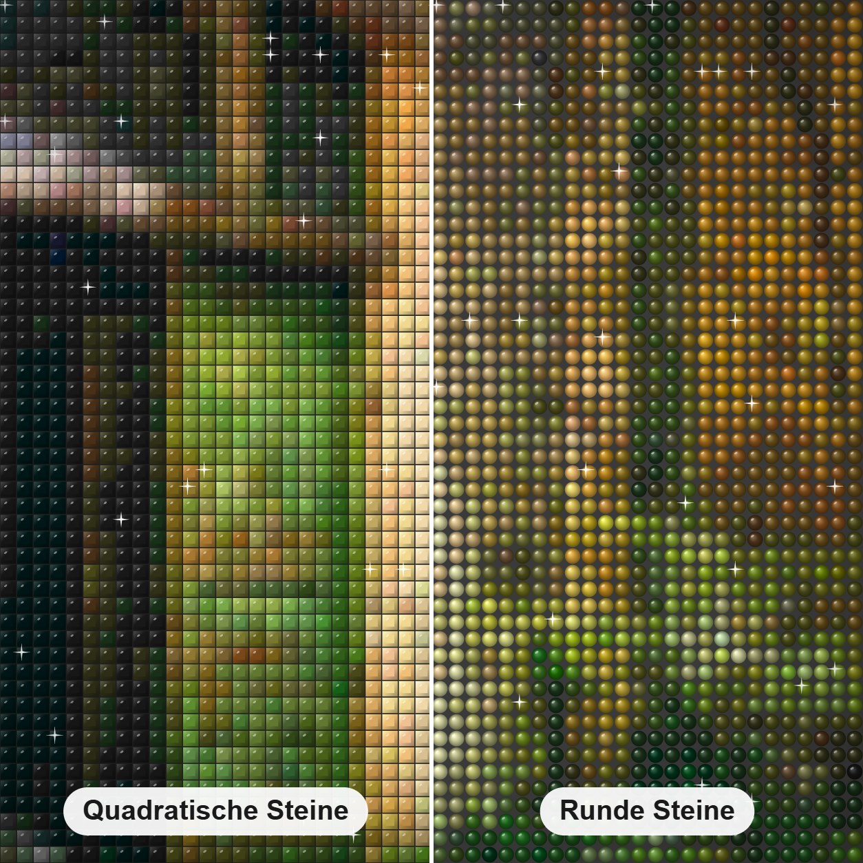 Eingang vergessen - Kunst des Denise Dundon Diamond Painting Nahaufnahme mit quadratischen und runden Steinen