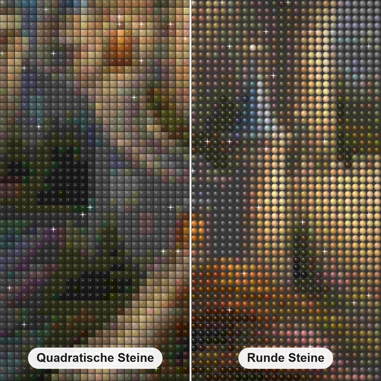Festung der Träume Diamond Painting Nahaufnahme mit quadratischen und runden Steinen