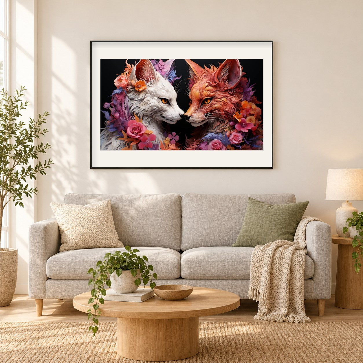 Füchse teilen einen Blumengruß als gerahmtes Diamond Painting im Wohnzimmer