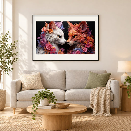 Füchse teilen einen Blumengruß als gerahmtes Diamond Painting im Wohnzimmer