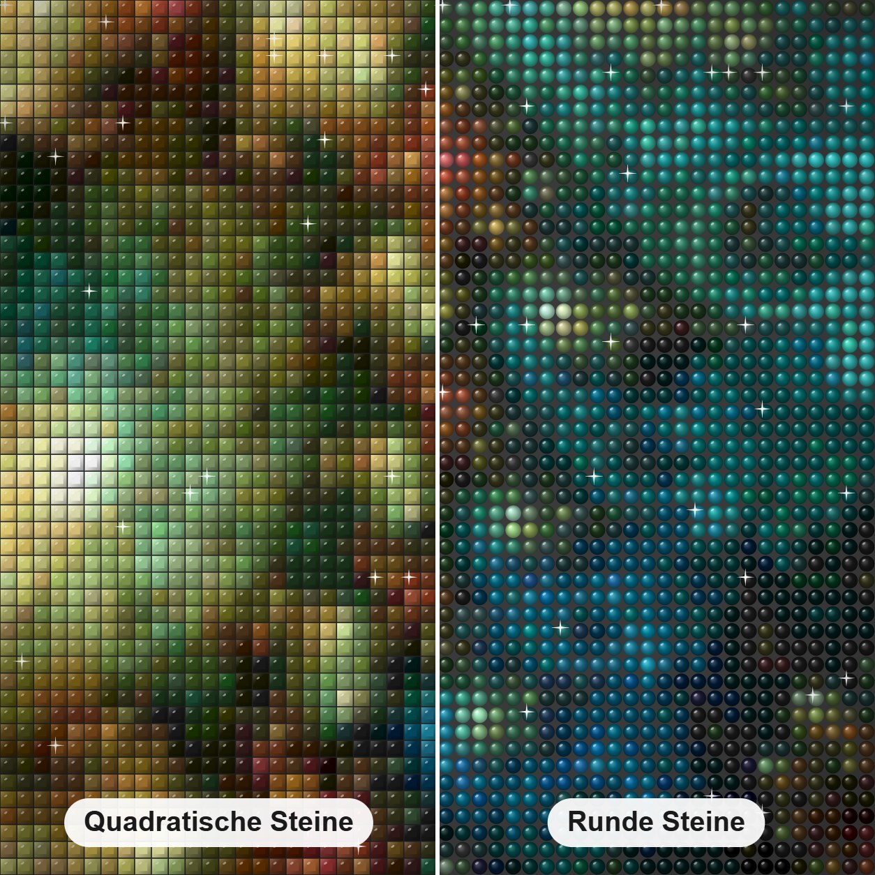 Fraktale Kunst Diamond Painting Nahaufnahme mit quadratischen und runden Steinen