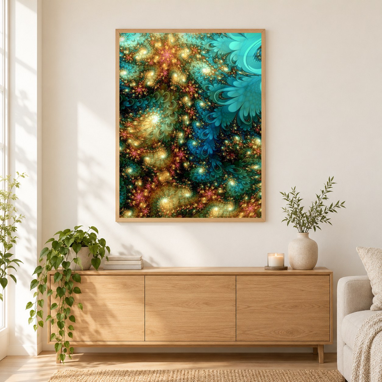 Fraktale Kunst als gerahmtes Diamond Painting im Wohnzimmer