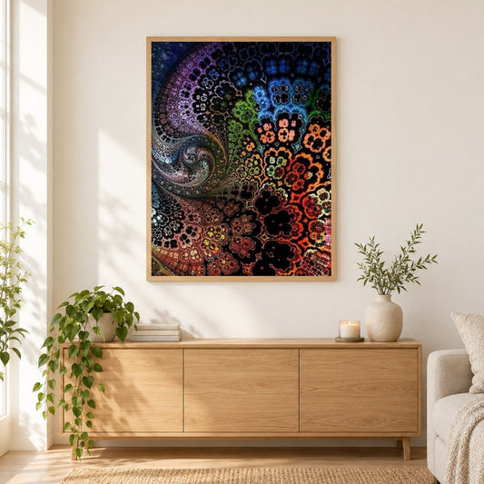 Fraktaler Garten als gerahmtes Diamond Painting im Wohnzimmer