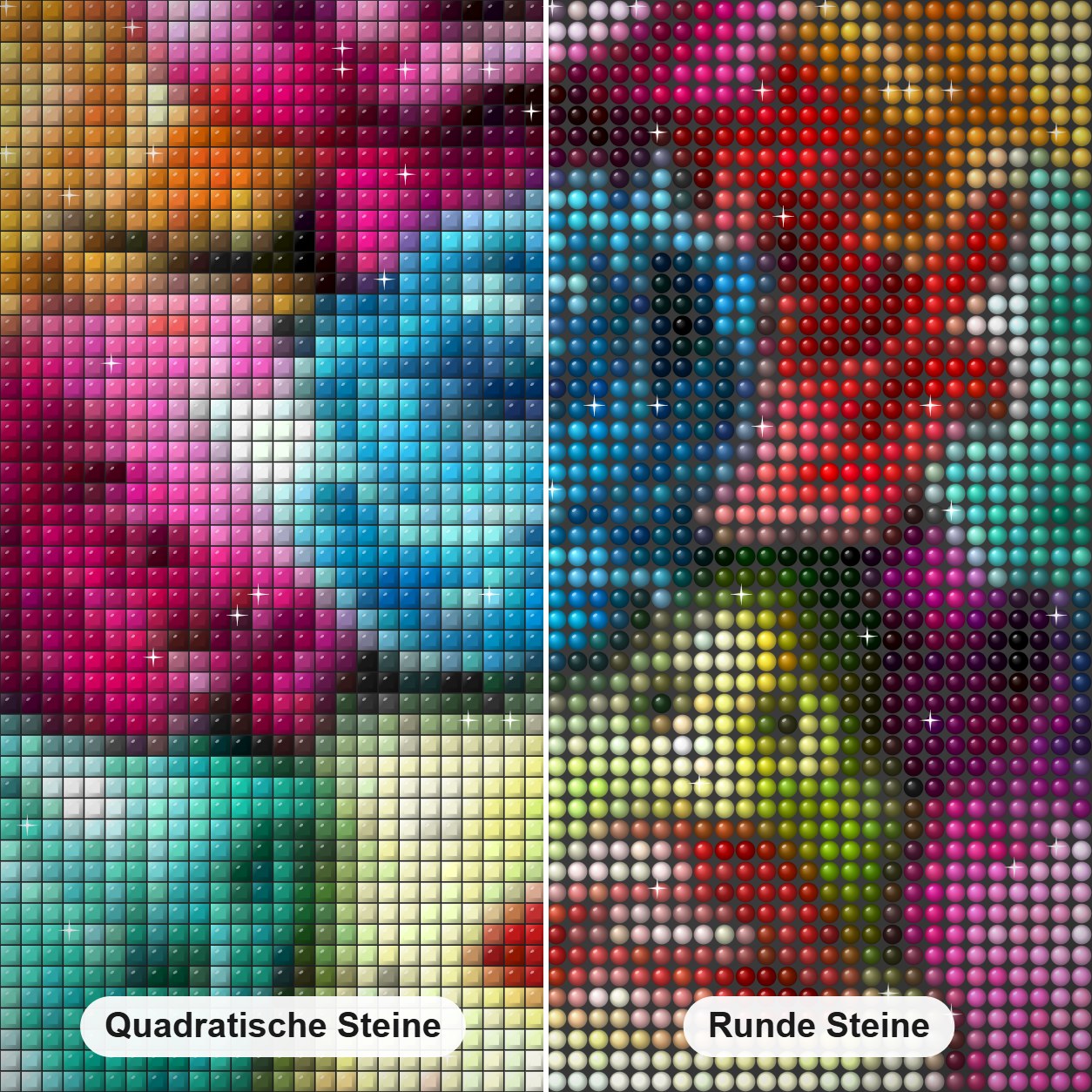 Frau mit Rosenkopf Diamond Painting Nahaufnahme mit quadratischen und runden Steinen