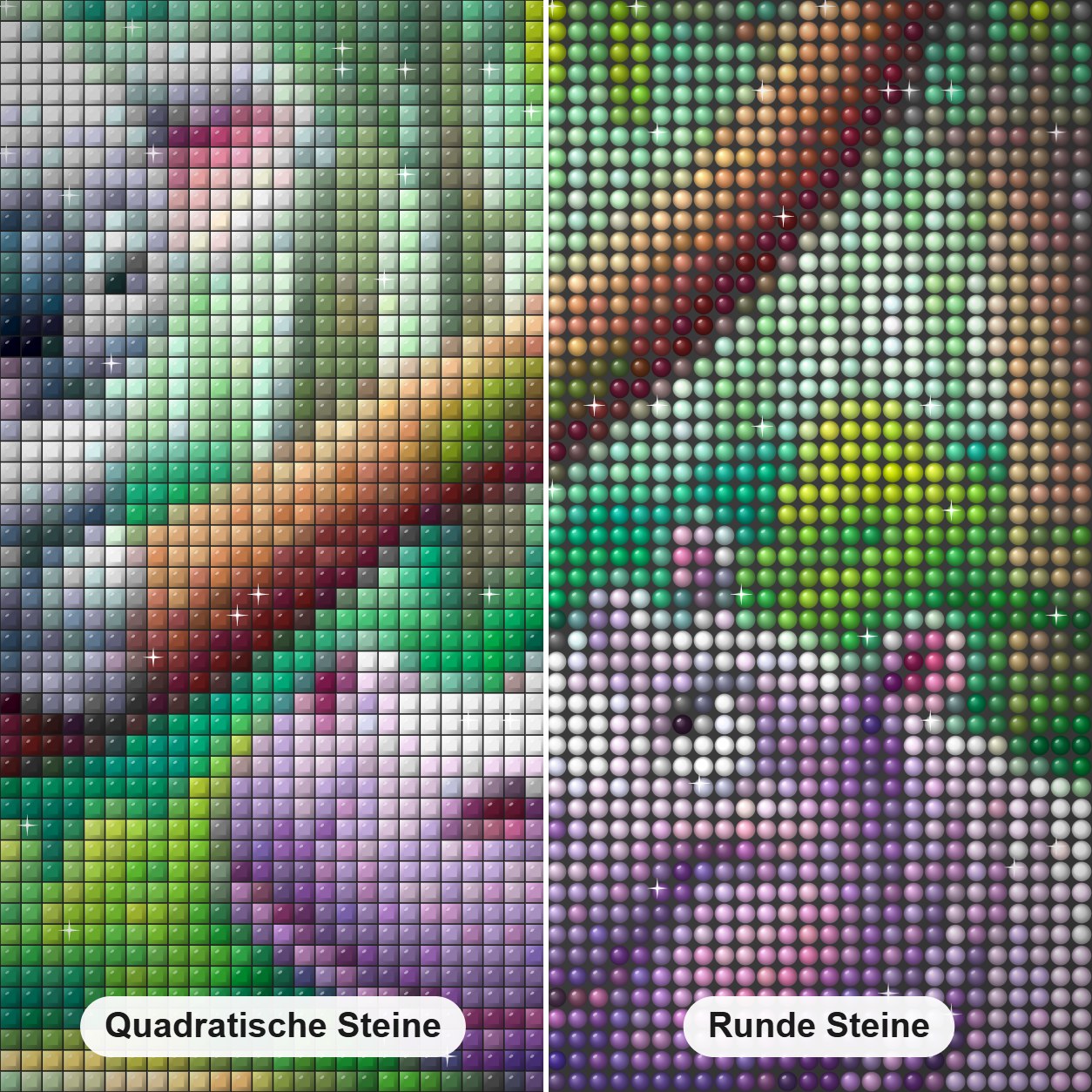Freiheit der Wildtiere Diamond Painting Nahaufnahme mit quadratischen und runden Steinen