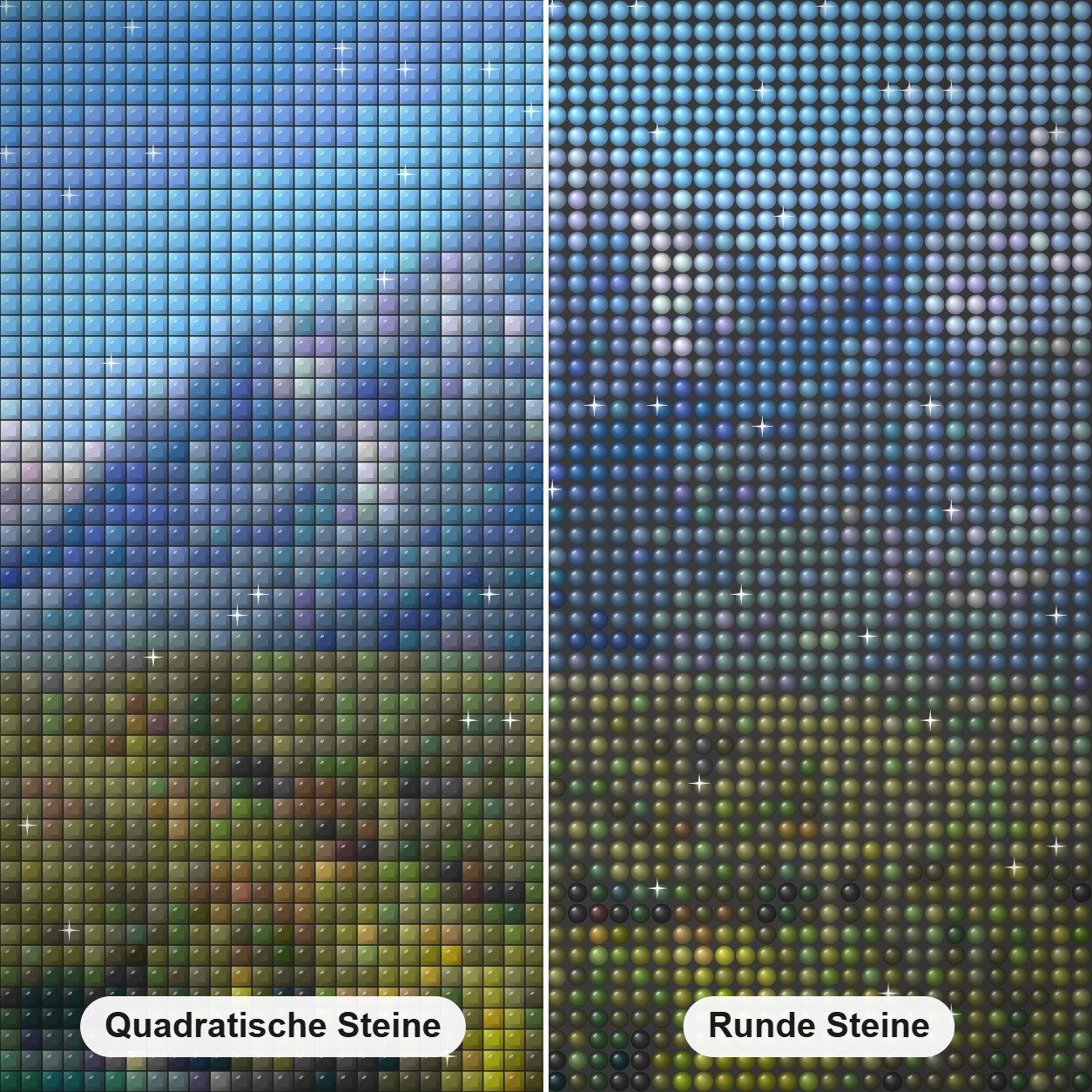 Friedliche Berge Diamond Painting Nahaufnahme mit quadratischen und runden Steinen