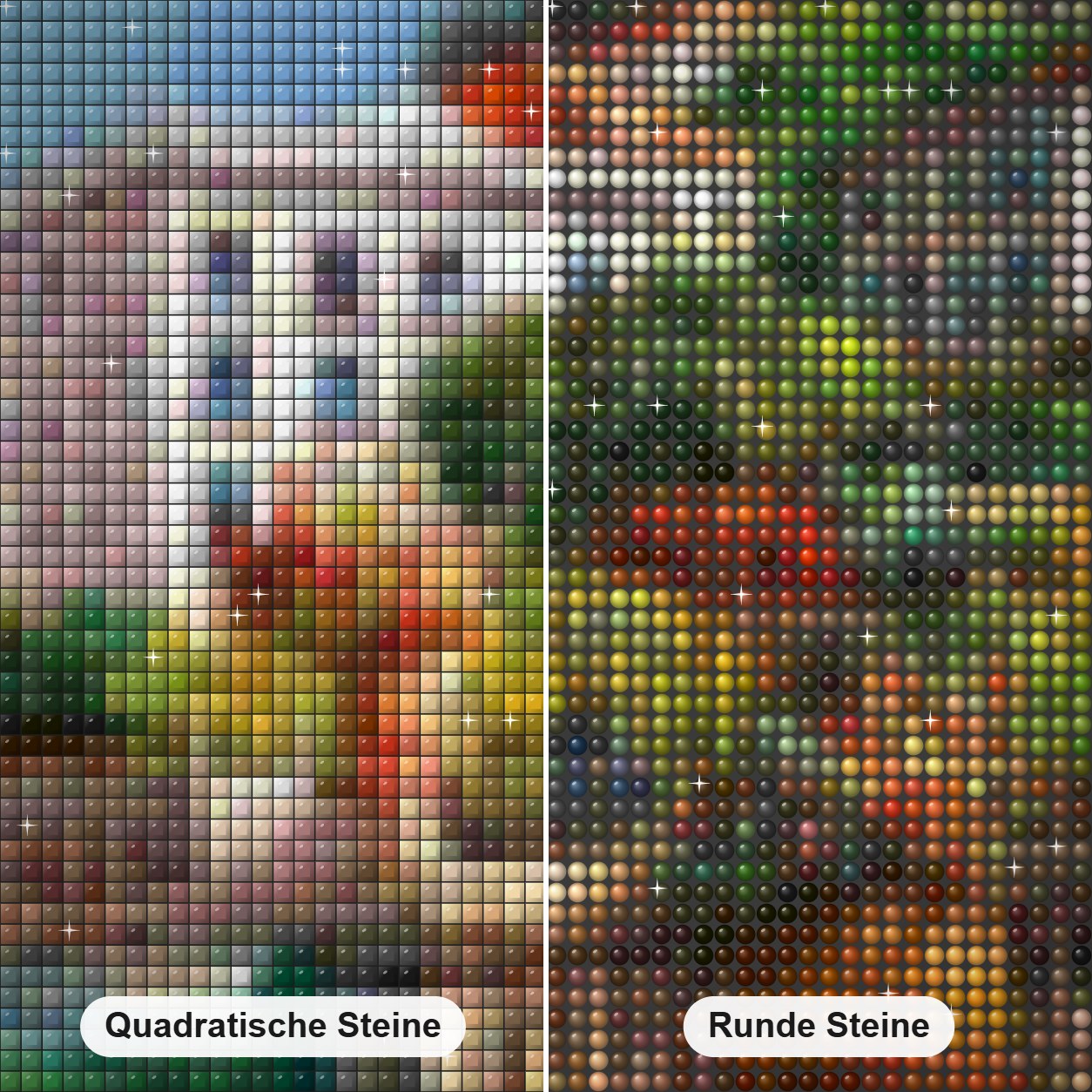 Friedliche Vbillas am Fluss Diamond Painting Nahaufnahme mit quadratischen und runden Steinen