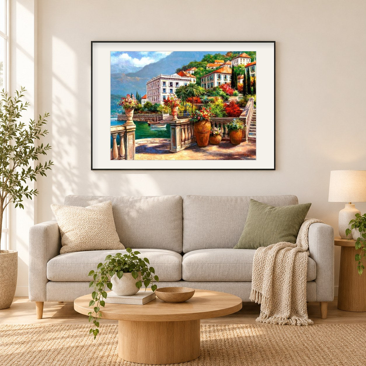 Friedliche Vbillas am Fluss als gerahmtes Diamond Painting im Wohnzimmer