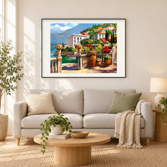 Friedliche Vbillas am Fluss als gerahmtes Diamond Painting im Wohnzimmer