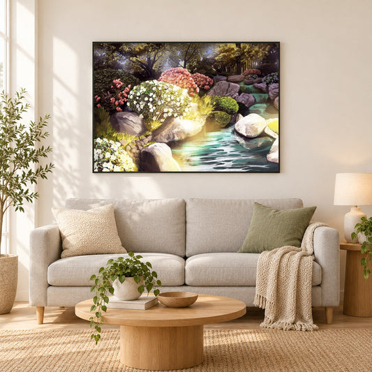 Garten der Freundschaft - Kunst des Jean Guillet als gerahmtes Diamond Painting im Wohnzimmer