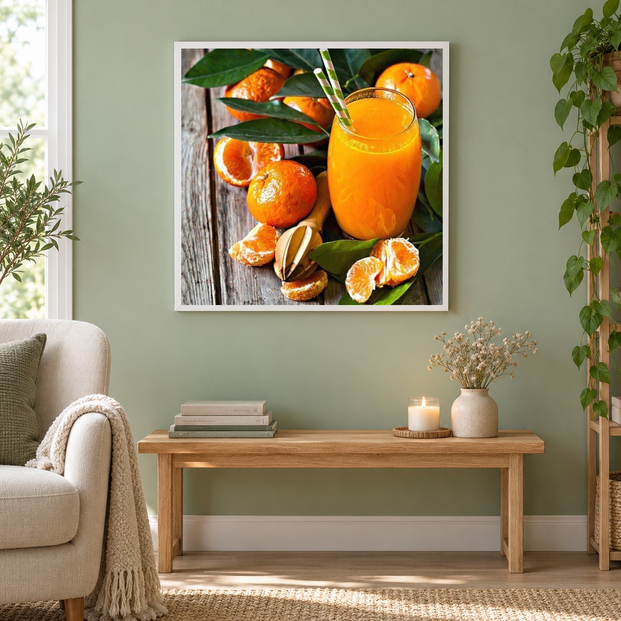 Frisch gepresster Orangensaft als gerahmtes Diamond Painting im Wohnzimmer
