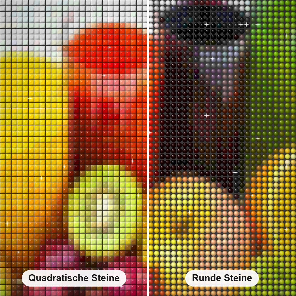 Frische Früchte & Säfte Diamond Painting Nahaufnahme mit quadratischen und runden Steinen