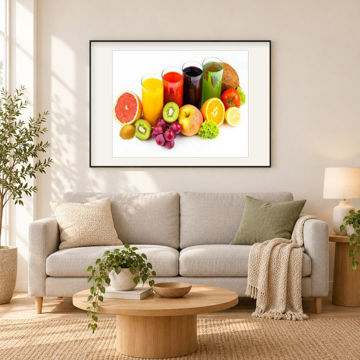 Frische Früchte & Säfte als gerahmtes Diamond Painting im Wohnzimmer