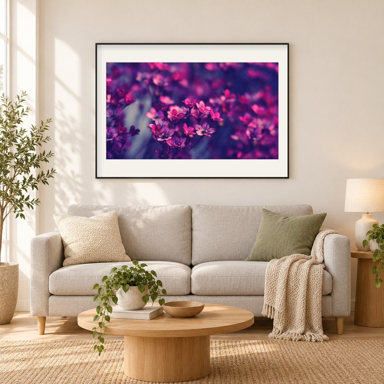 Frische lila Blumen als gerahmtes Diamond Painting im Wohnzimmer