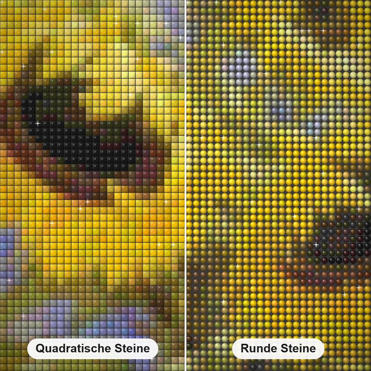 Frische Sonnenblumen Diamond Painting Nahaufnahme mit quadratischen und runden Steinen