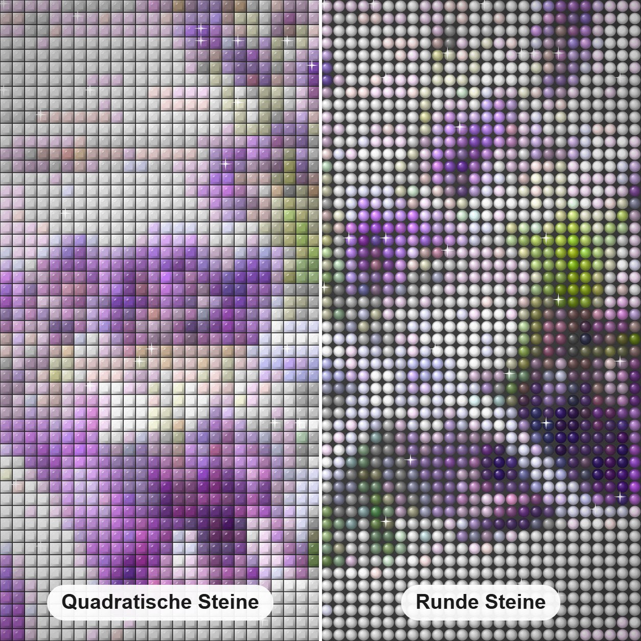 frischer Lavendel Malen mit Diamanten Diamond Painting Nahaufnahme mit quadratischen und runden Steinen