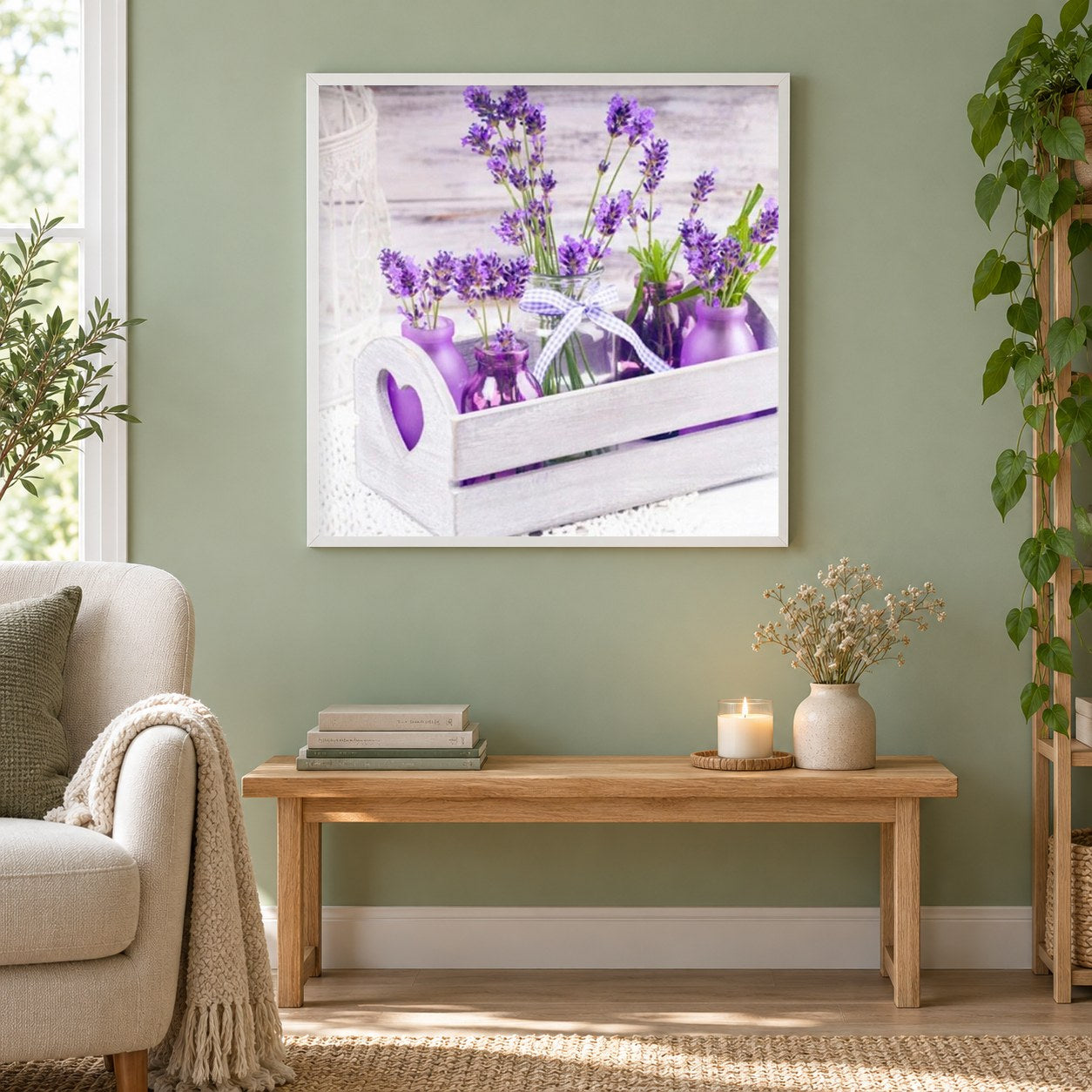 frischer Lavendel Malen mit Diamanten als gerahmtes Diamond Painting im Wohnzimmer