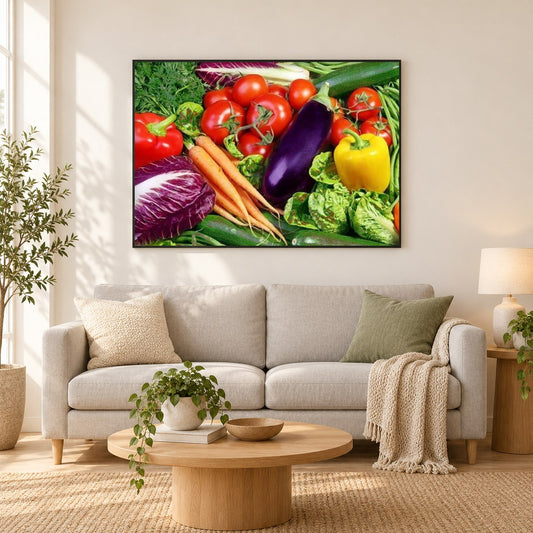 Frisches & gesundes Gemüse als gerahmtes Diamond Painting im Wohnzimmer