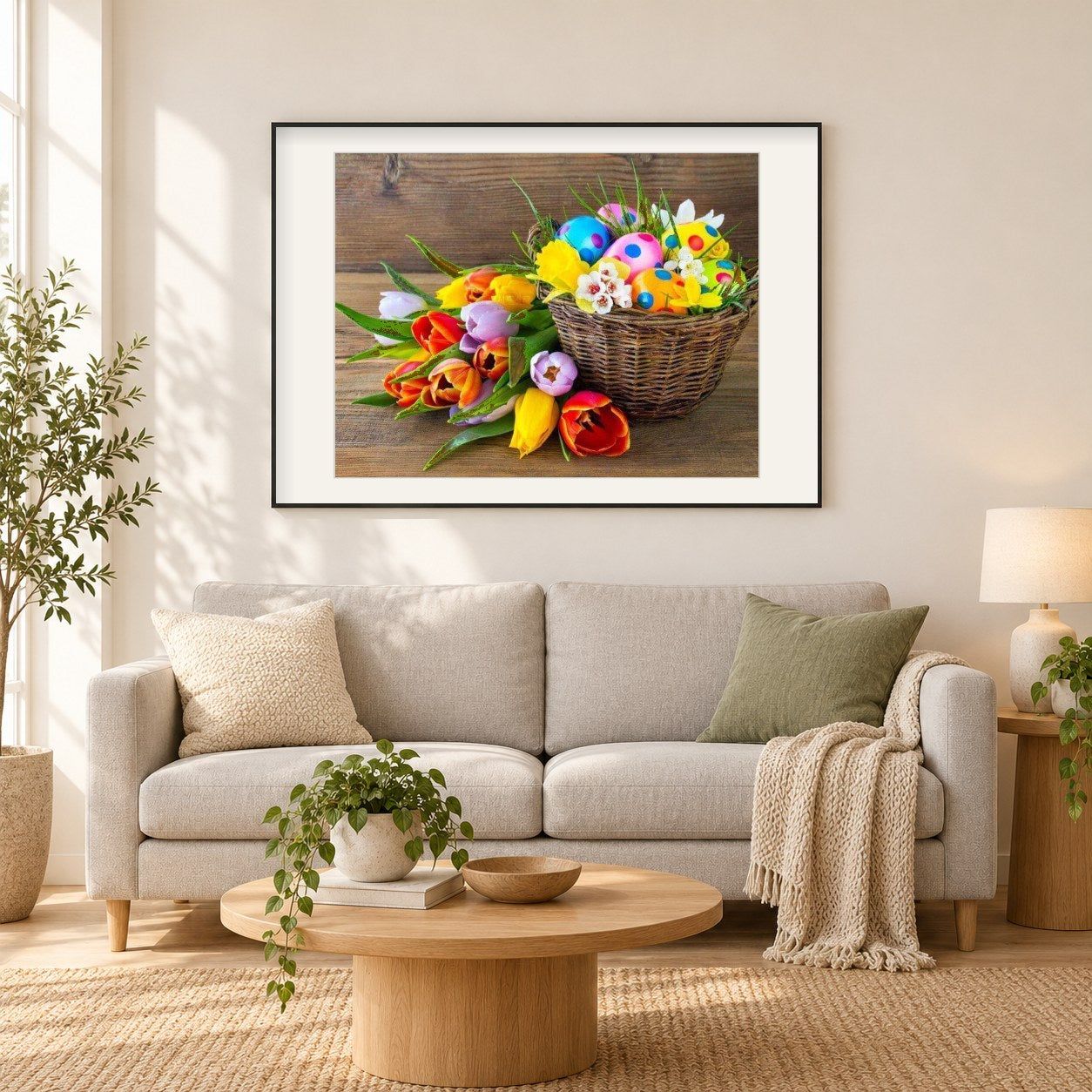 Frohe Ostern als gerahmtes Diamond Painting im Wohnzimmer