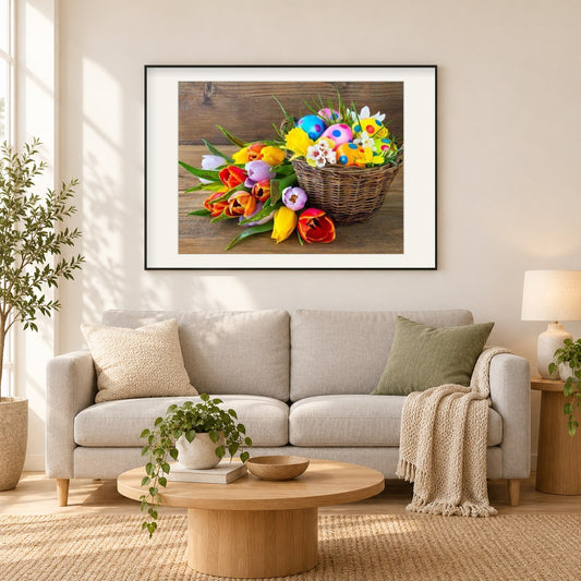 Frohe Ostern als gerahmtes Diamond Painting im Wohnzimmer