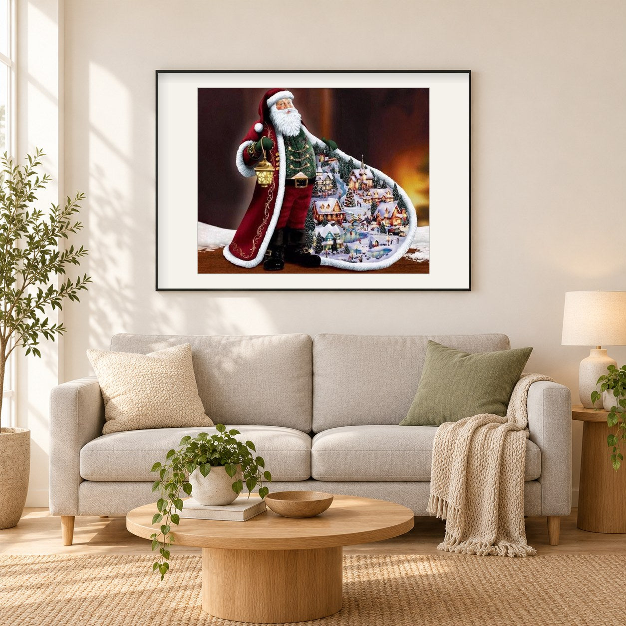 Frohe Weihnachten Weihnachtsmann als gerahmtes Diamond Painting im Wohnzimmer