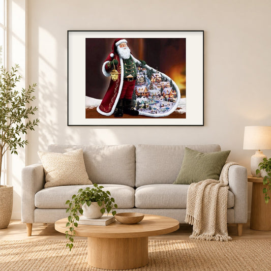 Frohe Weihnachten Weihnachtsmann als gerahmtes Diamond Painting im Wohnzimmer