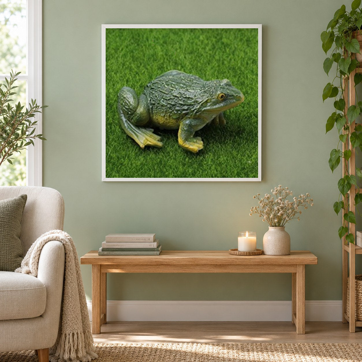 Frosch als gerahmtes Diamond Painting im Wohnzimmer