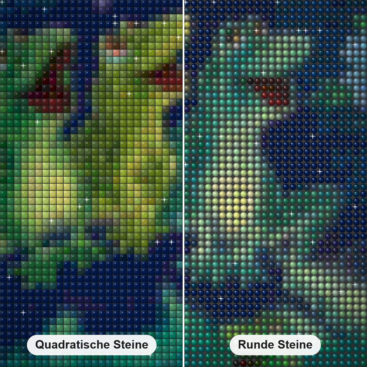 Frösche & Libellen Diamond Painting Nahaufnahme mit quadratischen und runden Steinen