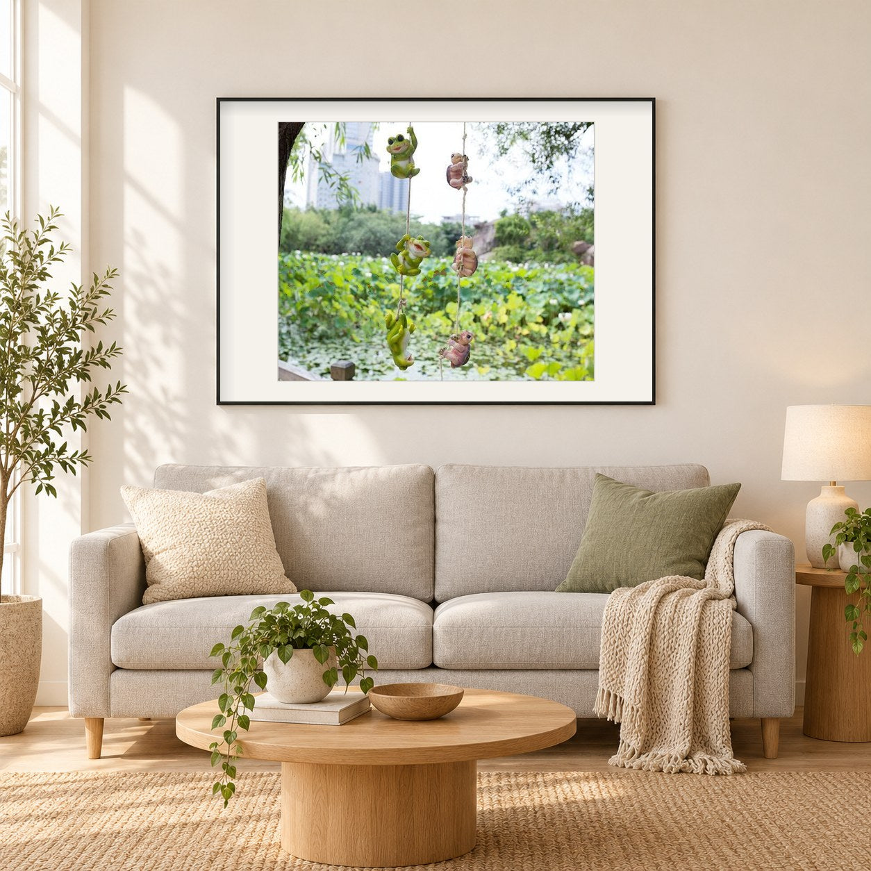 Frösche und Schildkröten am Seil als gerahmtes Diamond Painting im Wohnzimmer