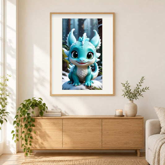 Frozen Fantasy Bezaubernder eisblauer Drache als gerahmtes Diamond Painting im Wohnzimmer